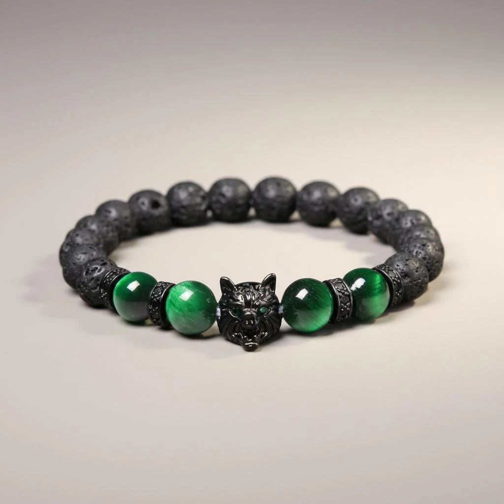 Herenarmband met lavasteen, wolfshoofd en groene kralen 2897 voor 8,99€ – photo 2